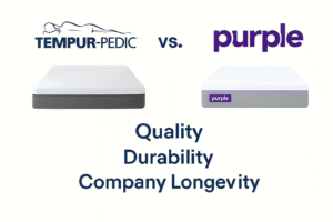 High-resolution comparison image of Tempur-Pedic and Purple mattresses side by side on a light background. The Tempur-Pedic logo and mattress appear on the left, and the Purple logo and mattress on the right. Below, bold text reads “Quality, Durability, Company Longevity,” highlighting the key focus of the comparison.