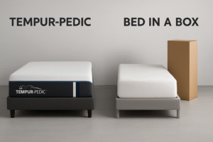 Tempur-Pedic mattress vs bed-in-a-box comparison – side-by-side display on minimalist beds with soft lighting.