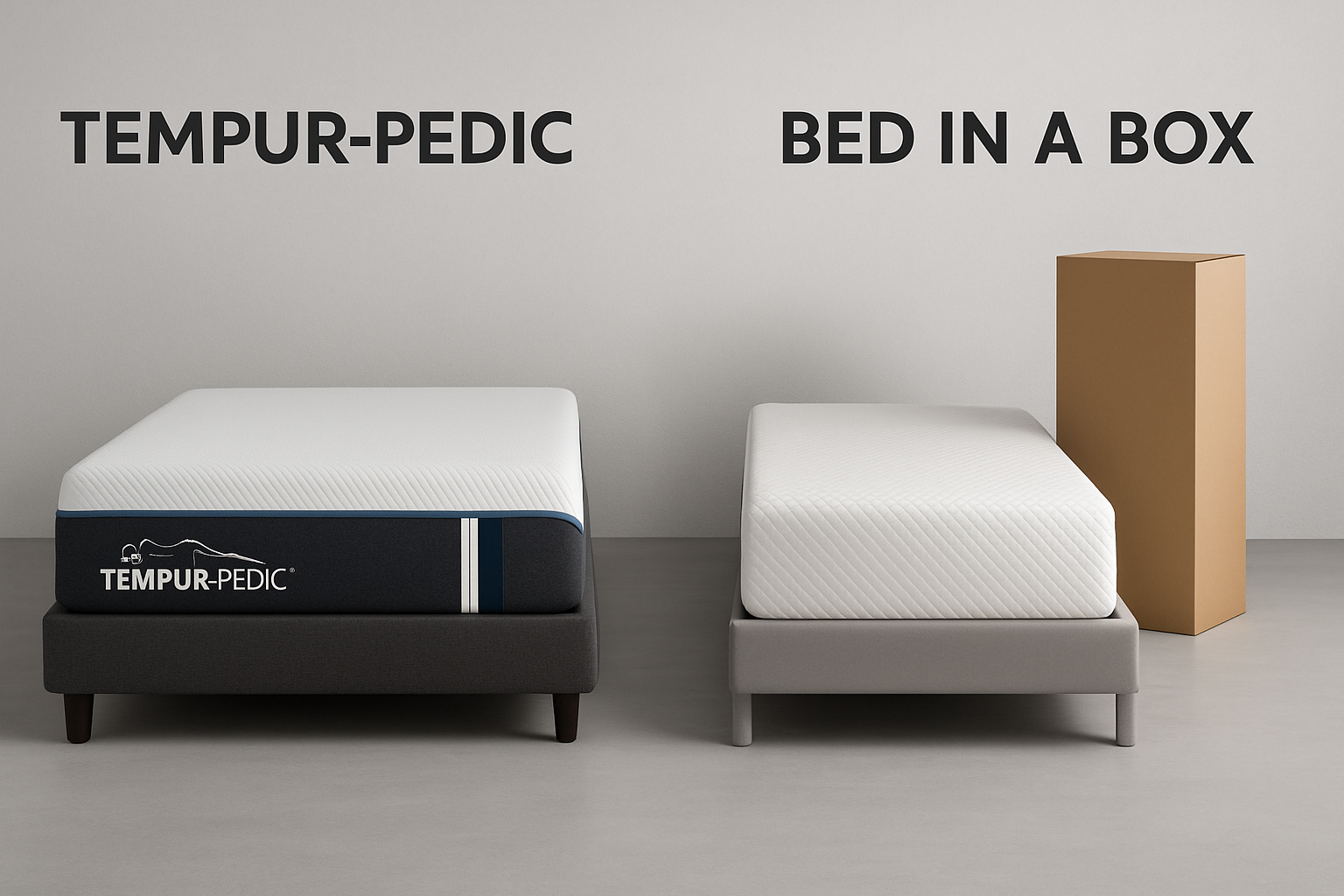 Tempur-Pedic mattress vs bed-in-a-box comparison – side-by-side display on minimalist beds with soft lighting.