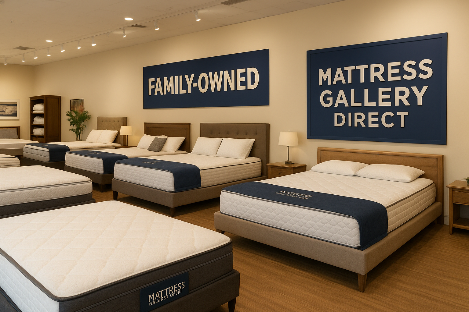 amily-owned mattress store showroom in Franklin, TN featuring Mattress Gallery Direct beds, modern displays, and premium mattresses in a warm, inviting setting.
