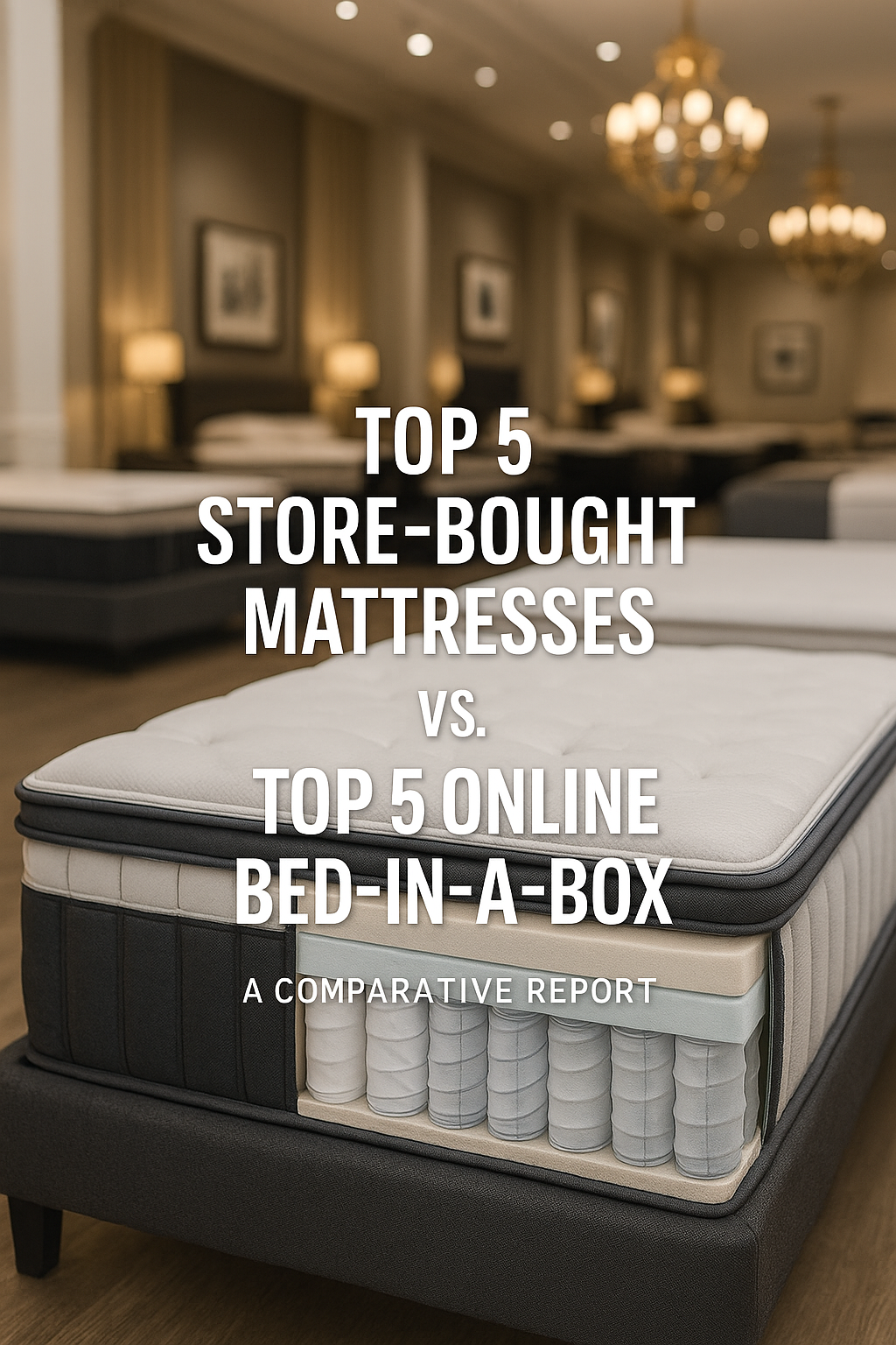 Luxury mattress showroom featuring hybrid and foam models for “Top 5 Store-Bought vs. Bed-in-a-Box” comparison report by Mattress Gallery Direct, Middle Tennessee.