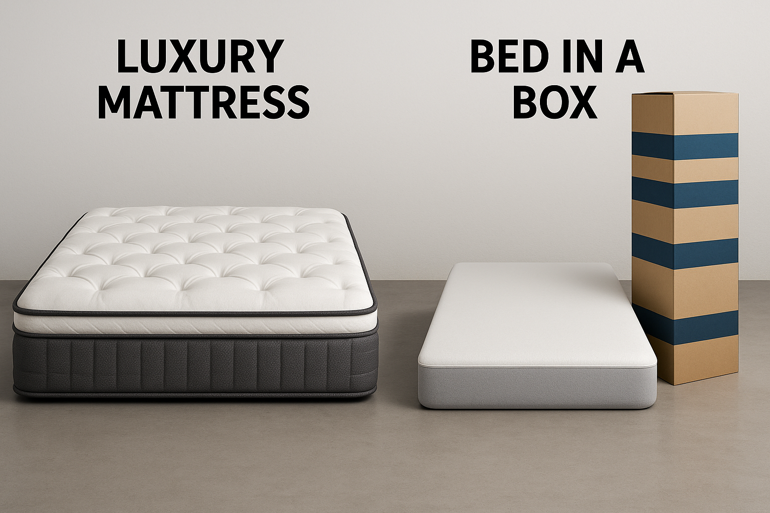 Luxury mattress vs bed-in-a-box comparison showing a premium hybrid mattress beside a thin boxed mattress for shoppers in Murfreesboro, TN.