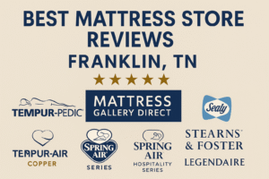 Best Mattress Store Reviews Franklin TN graphic featuring Mattress Gallery Direct logo and premium mattress brand logos including Tempur-Pedic, Sealy, Stearns & Foster, Spring Air Copper, Spring Air Series, Spring Air Hospitality Series, and Legendaire.
