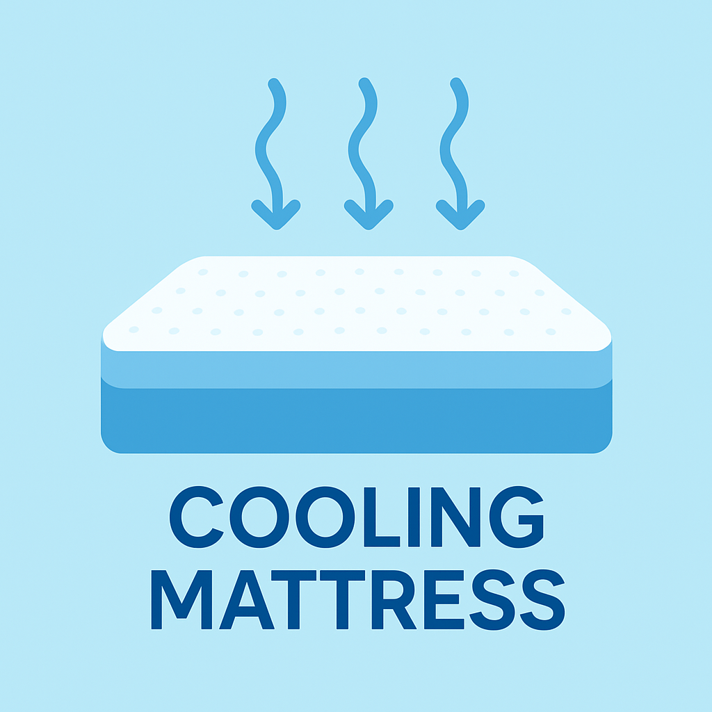 Simple cooling mattress illustration with blue airflow arrows showing temperature regulation for hot sleepers in Murfreesboro, Franklin, and Smyrna TN.