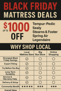 Black Friday mattress deals graphic showing up to $1000 off premium brands and a comparison of local mattress stores versus big box stores and online shopping.