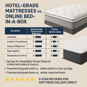 Comparison infographic showing hotel-grade commercial mattresses versus online bed-in-a-box models, highlighting durability, comfort, support, and temperature benefits for Middle Tennessee shoppers.