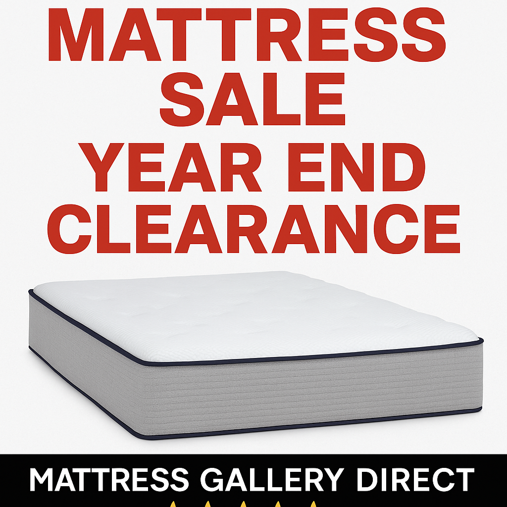 Year End Clearance mattress sale graphic featuring a premium mattress, bold red sale text, Mattress Gallery Direct branding, and a visible five-star rating for shoppers in Murfreesboro, Franklin, and Smyrna TN.