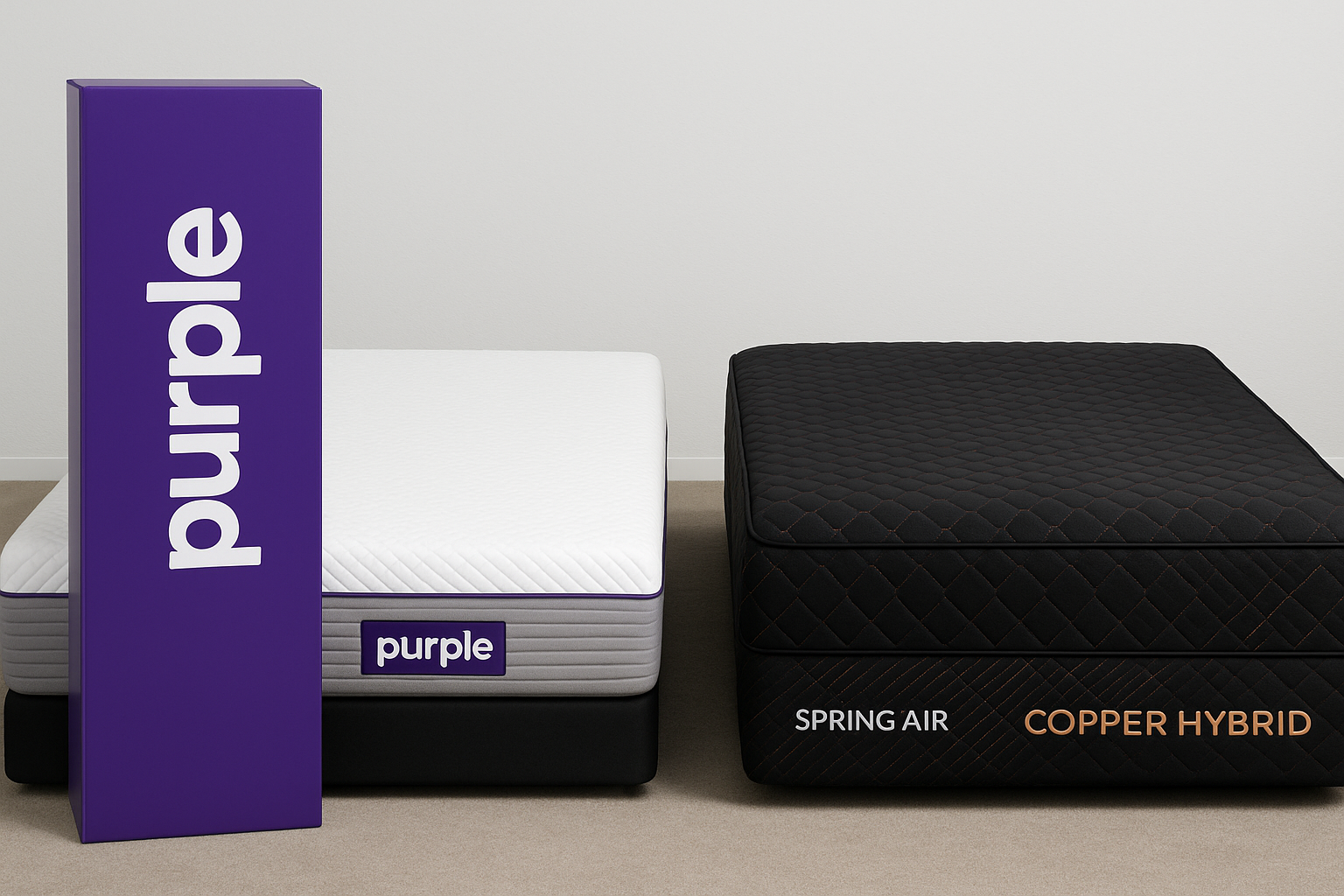 Purple mattress beside a Spring Air Copper Hybrid mattress with a black cover and copper stitching, shown side by side with a Purple box in a clean showroom setting.