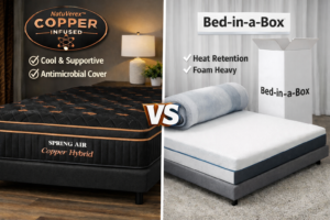 Spring Air Copper Hybrid mattress with black and copper cover compared to white bed in a box mattress in Franklin TN showing cooling and support differences