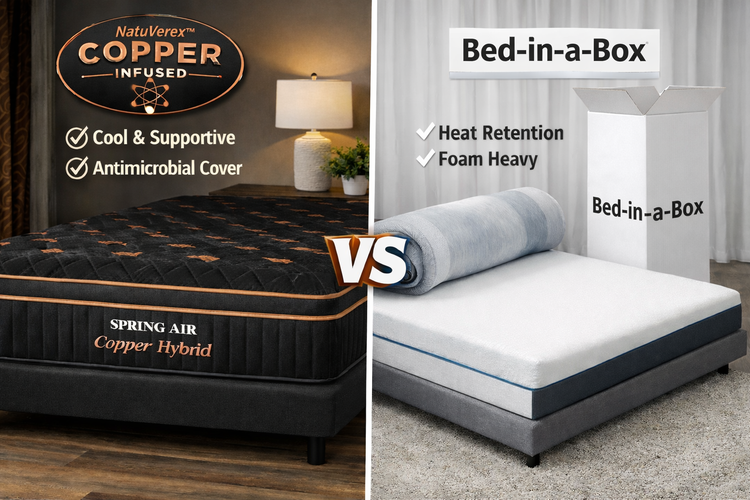 Spring Air Copper Hybrid mattress with black and copper cover compared to white bed in a box mattress in Franklin TN showing cooling and support differences