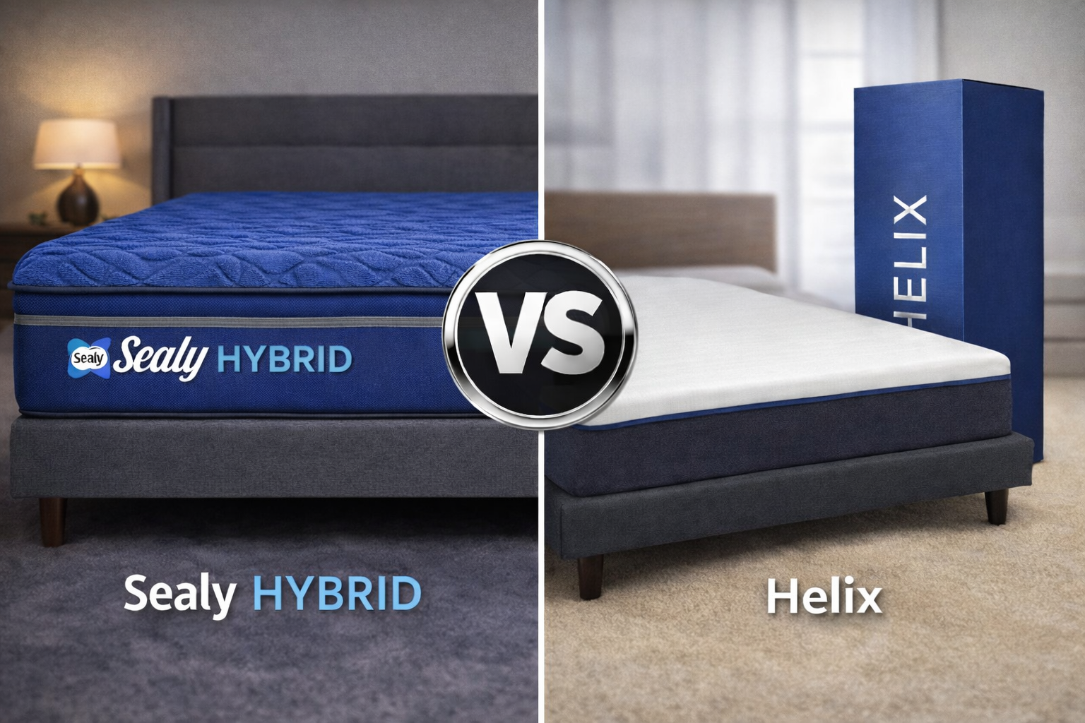 Blue Sealy Hybrid mattress compared to Helix bed in a box with shipping box, showing in-store quality vs online mattress in Franklin TN