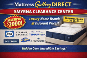 Mattress Gallery Direct Smyrna TN Clearance Center featuring a luxury mattress with savings up to $2000 on top name brands and adjustable bases
