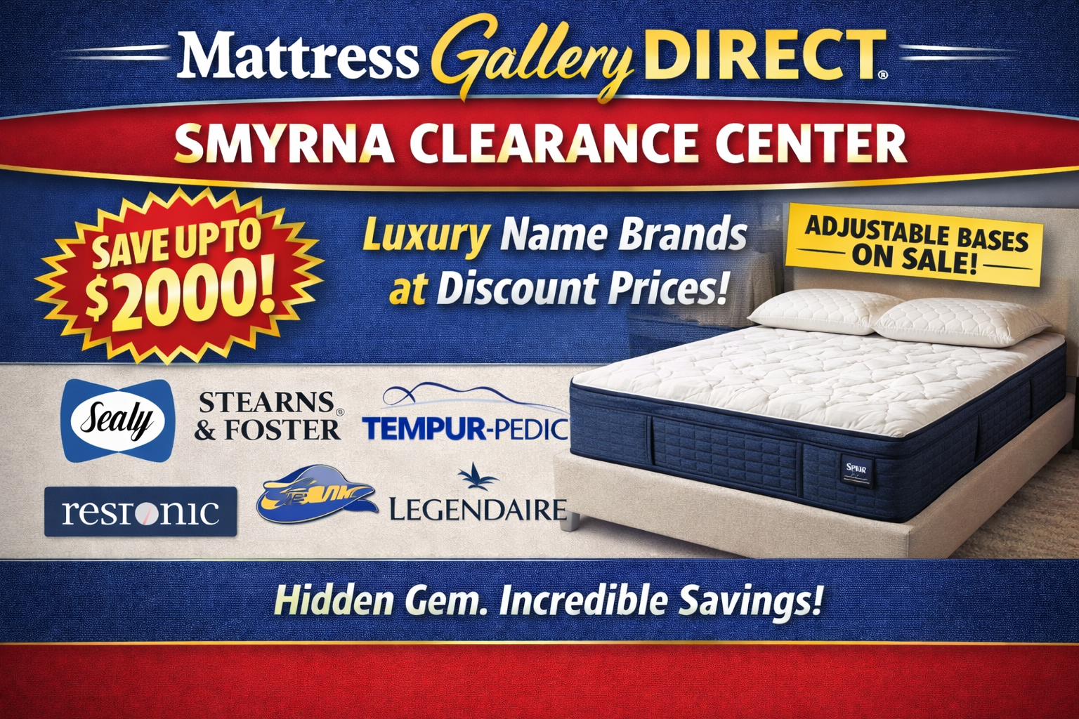 Mattress Gallery Direct Smyrna TN Clearance Center featuring a luxury mattress with savings up to $2000 on top name brands and adjustable bases