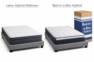 Closed latex hybrid mattress compared to closed bed-in-a-box hybrid mattress with shipping box at Mattress Gallery Direct in Murfreesboro TN