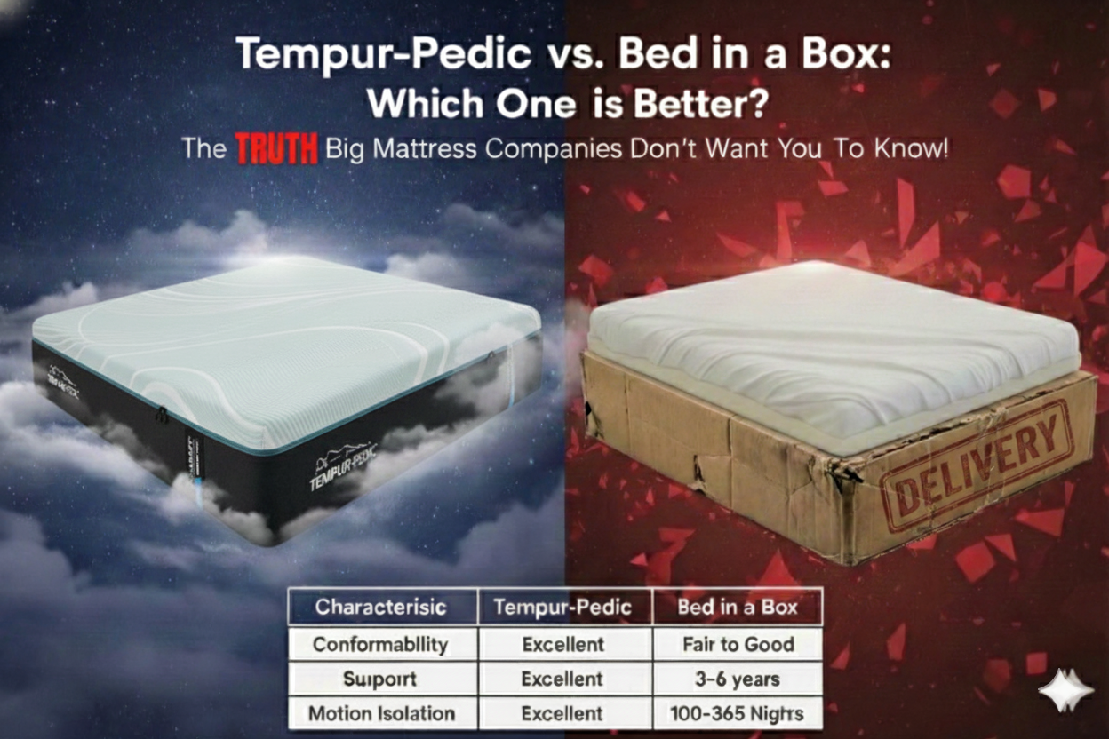 Tempur-Pedic ProAdapt mattress vs bed-in-a-box comparison with box beside generic mattress showing durability and support differences.