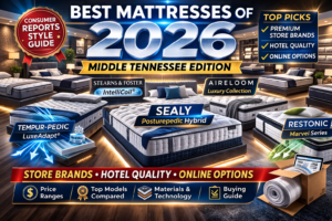 Best Mattresses of 2026 Middle Tennessee Edition cover featuring premium store brands, commercial grade hotel mattresses, and online bed in a box comparison inside a modern mattress showroom.