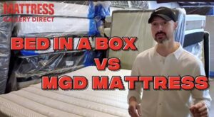 Cutting open a bed in a box mattress to show low-quality foam and springs compared to long-lasting mattresses at Mattress Gallery Direct in Murfreesboro TN