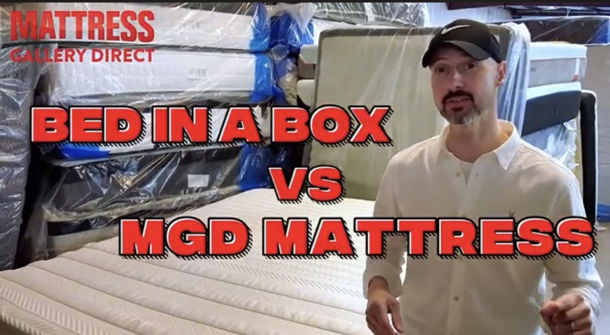 Cutting open a bed in a box mattress to show low-quality foam and springs compared to long-lasting mattresses at Mattress Gallery Direct in Murfreesboro TN